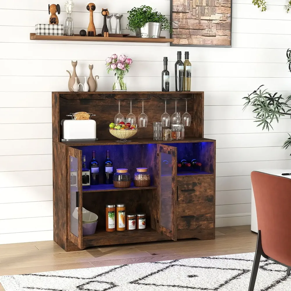 Кухненски бюфет с отворени отделения, контакти и LED осветление, 120 × 40 × 115,5 см, кафяв, снимка 8
