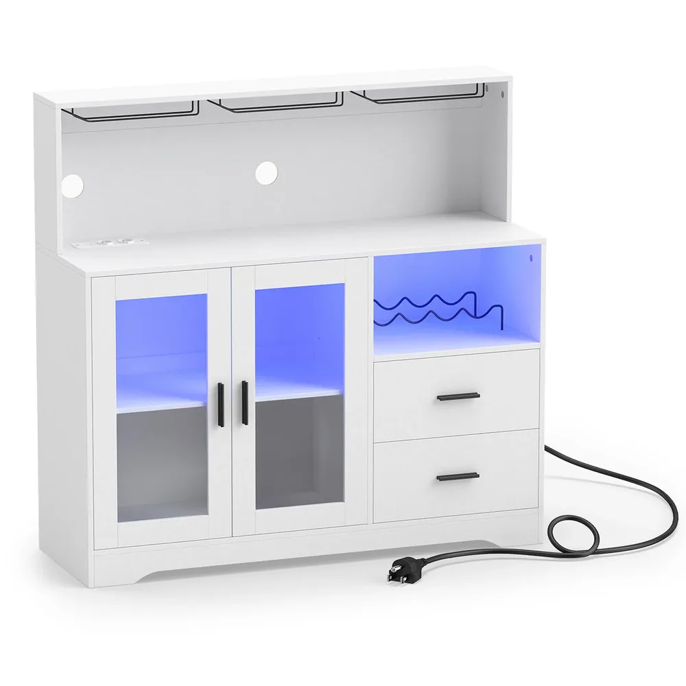 Бюфет с отворени отделения, контакти и LED осветление, 120 × 40 × 115,5 см, бял