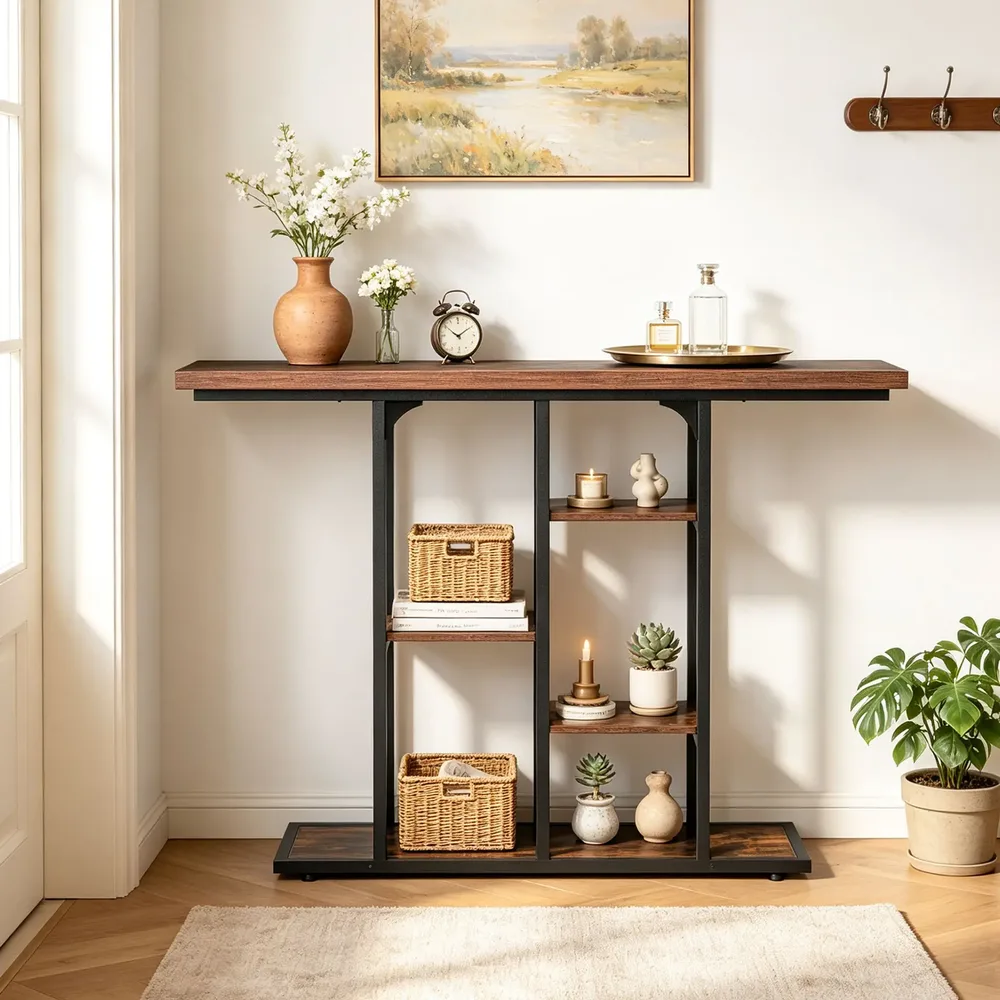 Конзолна маса с отворени рафтове, 109 см, рустик кафява, снимка 6