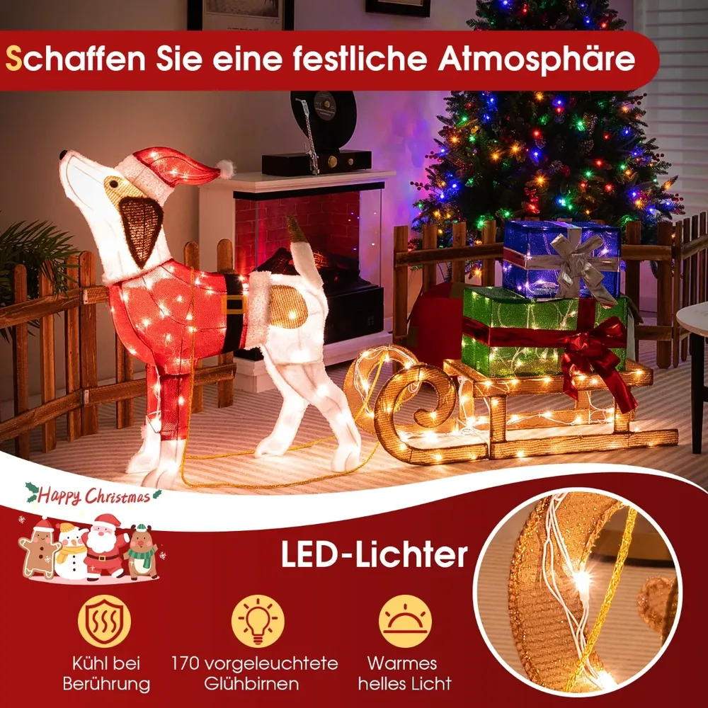 Светеща коледна украса с куче, шейна и подаръци, 170 топли LED светлини, снимка 8