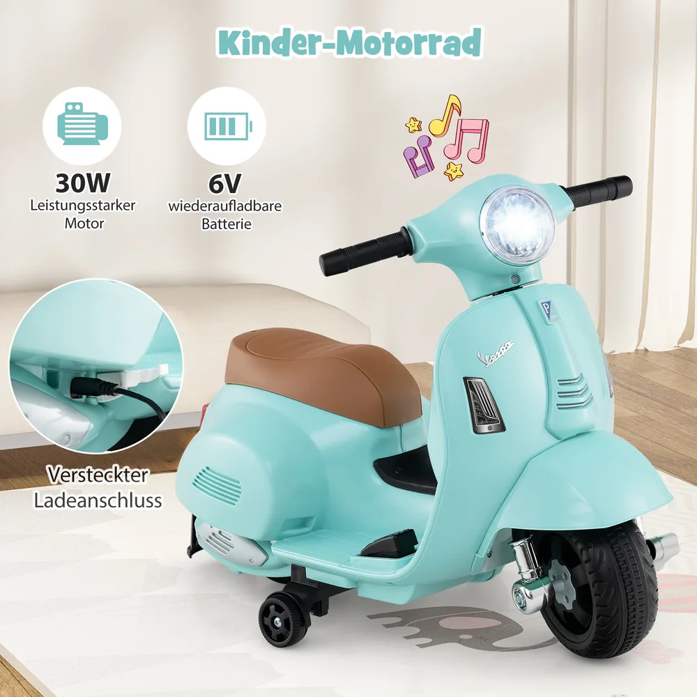 Детски електрически мотор Vespa 6V с LED фар и помощни колела, син, снимка 5