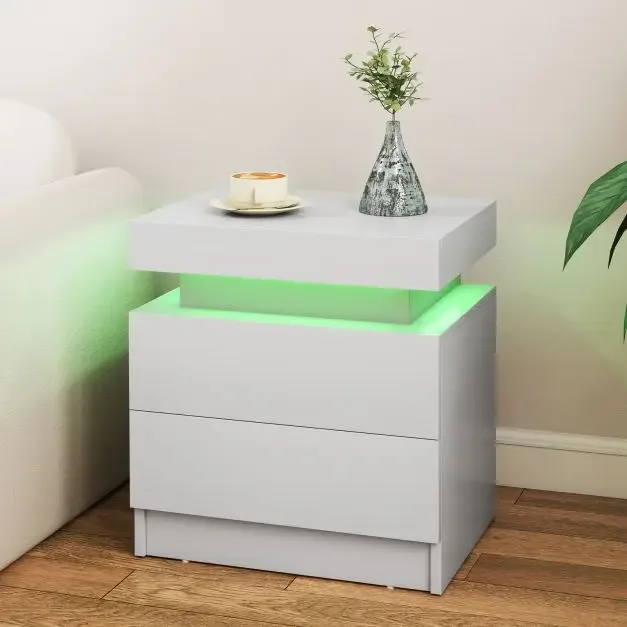 Нощно шкафче с имитация на мрамор, 2 чекмеджета и LED осветление, бяло, снимка 6