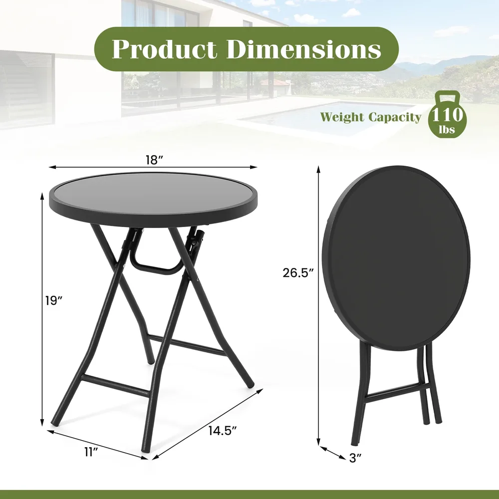 Сгъваема кръгла градинска помощна маса със закалено стъкло, 46 см, черна, снимка 5