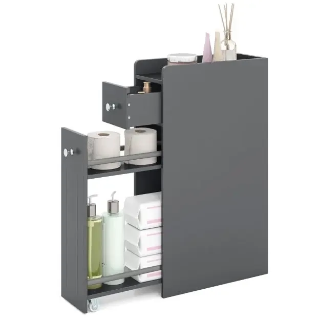 Тесен шкаф за баня на 4 нива с изтегляеми чекмеджета на колелца, сив, снимка 4