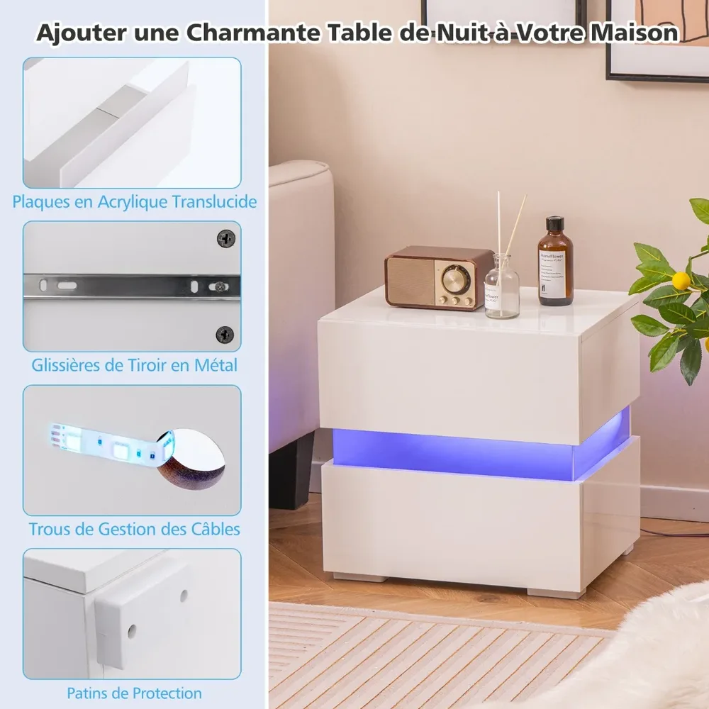 Нощно шкафче с 2 чекмеджета и LED осветление, комплект от 2, бели, снимка 6