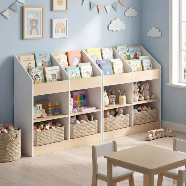 Детска етажерка за книги с 4 вертикални и 4 кубични отделения, 80 × 29,5 × 80 см, бяла, снимка 6