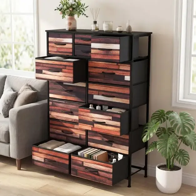 Скрин с 14 текстилни чекмеджета, метална рамка, дървен плот, 85 × 30 × 120 см, черен/кафяв, снимка 2
