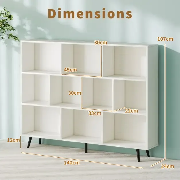 Етажерка с 10 кубични отделения и 5 конусовидни метални крака, 140 × 24 × 107 см, бяла, снимка 5