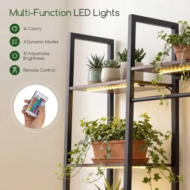 Стойка за цветя с LED лампи за растения и 10 рафта, 120 × 29,5 × 141 см, кафява, снимка 5