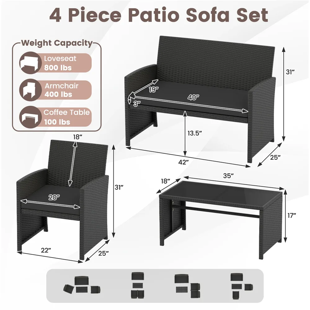 Комплект градински мебели от 4 части със стъклен плот и сваляеми възглавници, черен, снимка 5