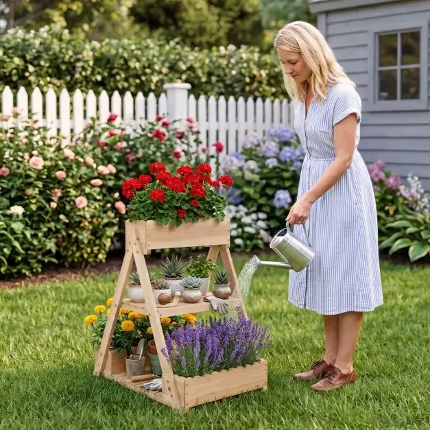 Триетажна повдигната леха от ела с 3 саксии и 2 рафта за съхранение, натурална, снимка 2