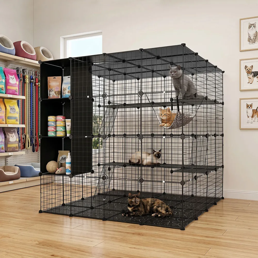 Модулна сгъваема клетка за котки 144 × 144 × 142 см, черна, снимка 5