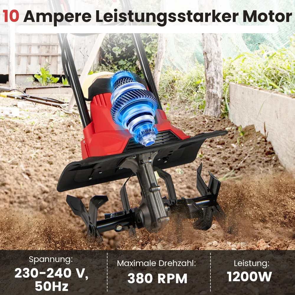 Електрическа мотофреза 1200 W с работна ширина 36 см, сгъваема, червена, снимка 7