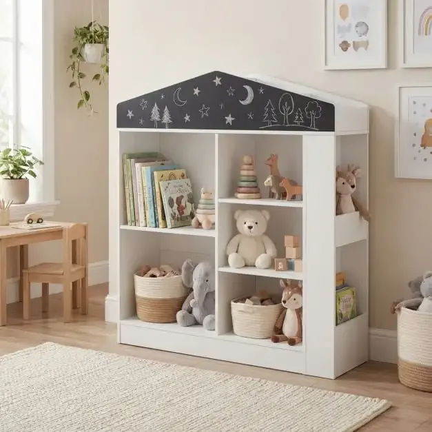 Детска етажерка за книги „къщичка“ с дъска за писане, 94 × 30 × 102 см, бяла, снимка 2