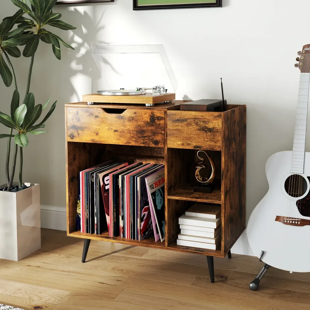 Стойка за грамофон с контакти, USB и Type-C, 79,5 × 40 × 79 см, рустик кафява, снимка 2