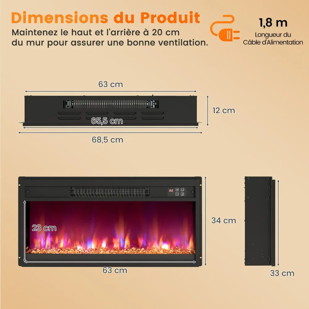 Вграждаема електрическа камина 26 инча, 1500 W, с дистанционно и таймер 0,5–9 ч, черна, снимка 4
