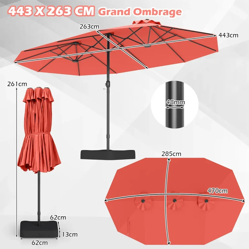 Двоен градински чадър 470 × 285 см с основа, манивела и UPF 50+, оранжев, снимка 3