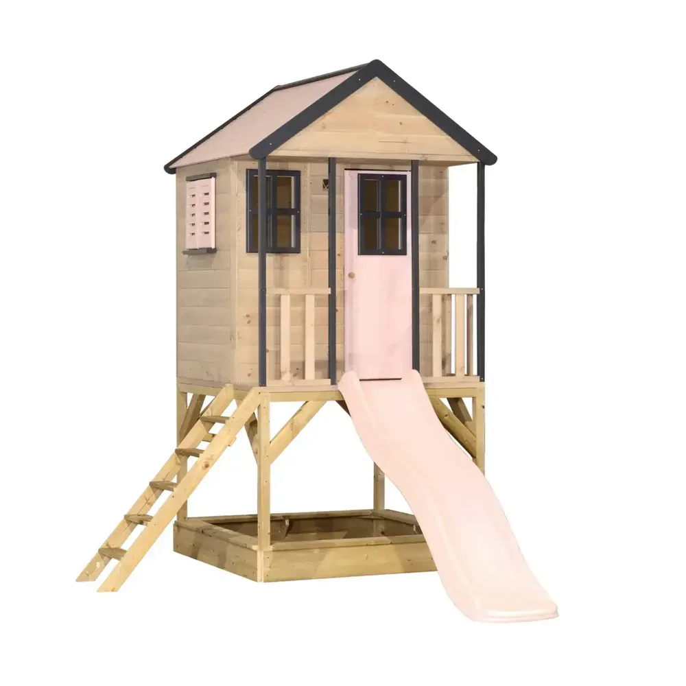 Детска къщичка за приключения Cottage House с платформа и пързалка - Пастелно розов