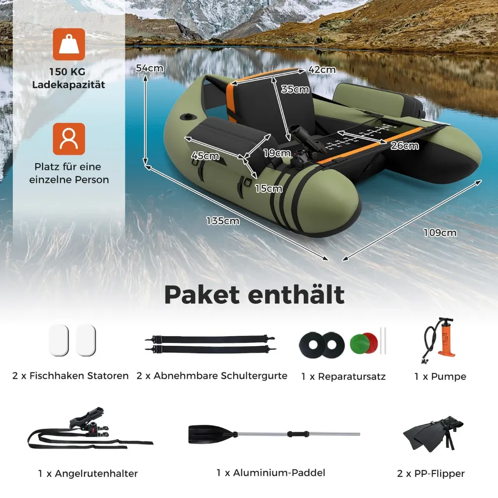 Надуваема риболовна лодка с регулируема облегалка 135 × 109 × 54 см, зелена, снимка 8