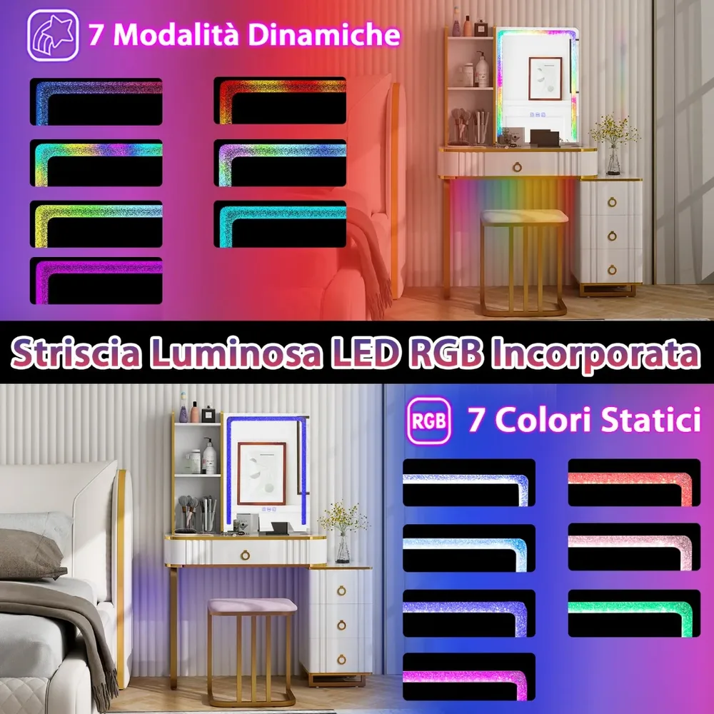 Тоалетка с LED осветление, 7 динамични и 7 статични режима и табуретка, бяла, снимка 2