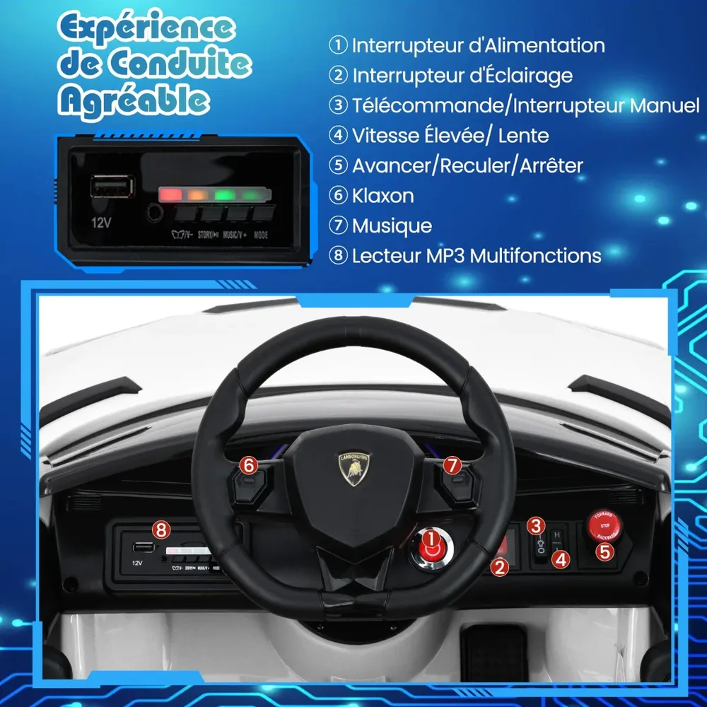 Детска електрическа кола Lamborghini 12V с дистанционно и хидравлични врати, бяла, снимка 5