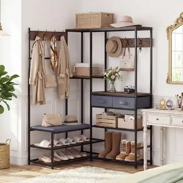 Ъглова закачалка с пейка, 5 рафта, 2 чекмеджета и 7 куки, 107 × 99 × 152 см, кафяв/черен, снимка 5