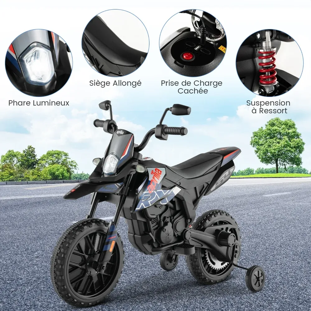 Детски електрически мотор Aprilia 12V с помощни колела, музика и фар, син, снимка 5