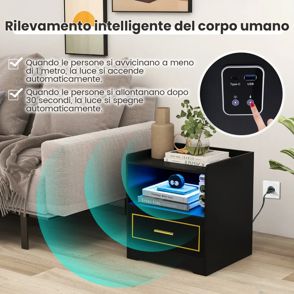 Нощно шкафче с LED осветление, сензор за движение и зарядна станция, черно, снимка 2