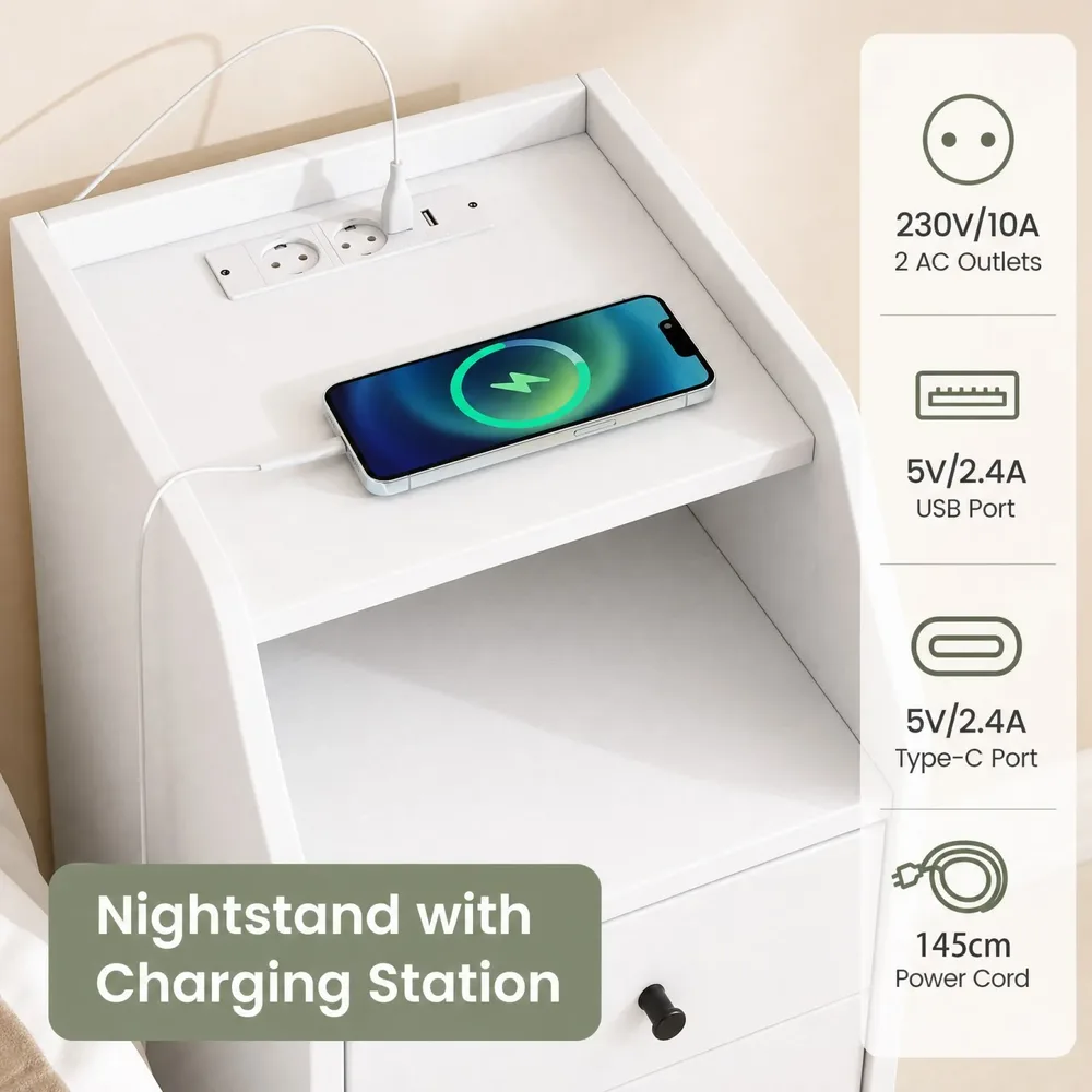 Нощно шкафче с контакти, USB и Type-C портове, отворено отделение и 2 чекмеджета, бяло, снимка 2