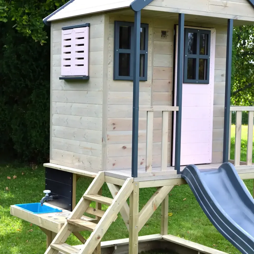 Детска къщичка за приключения Cottage House с платформа, пързалка и кухня - Пастелно розов и сив, снимка 2