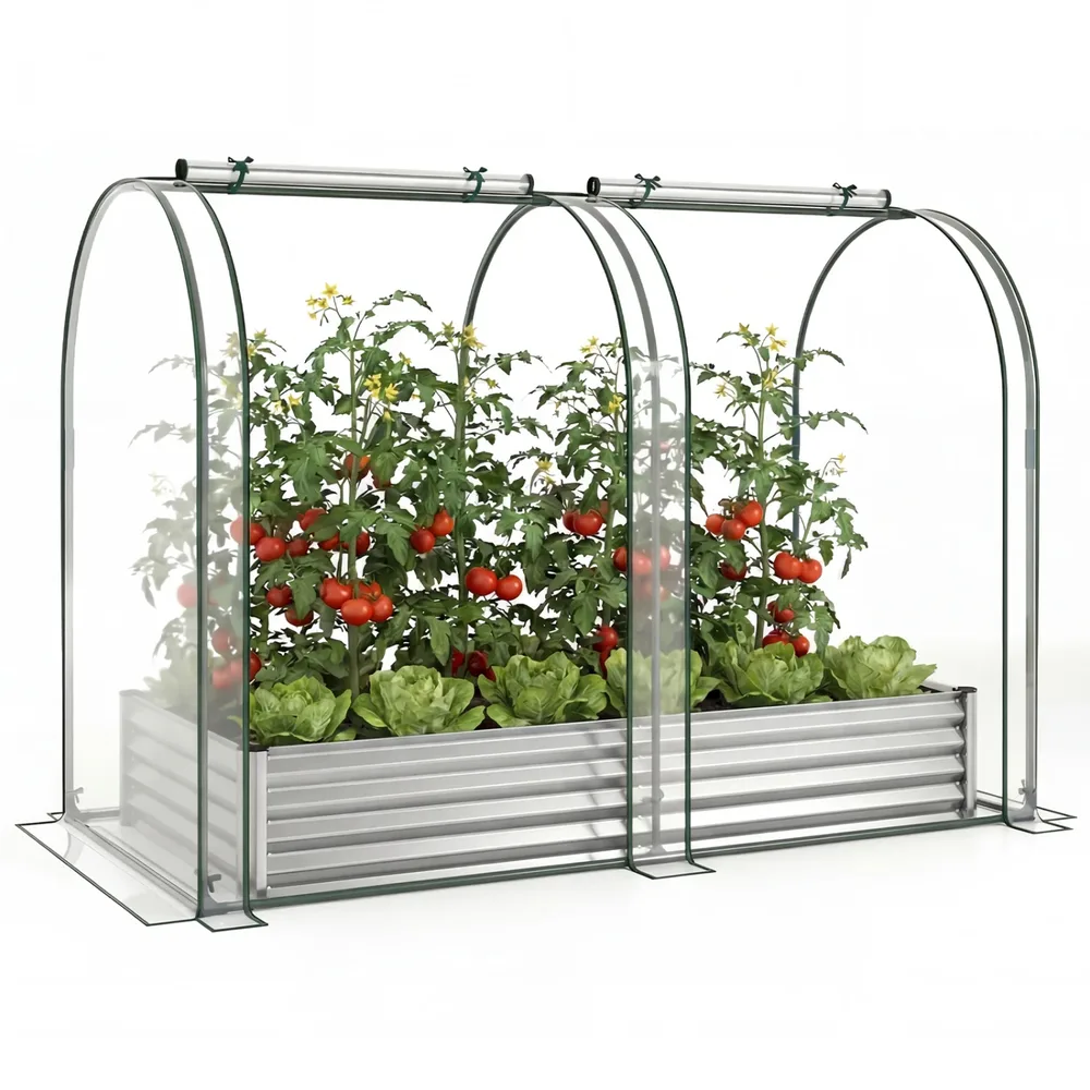 Поцинкована повдигната леха 180 × 90 × 30 см с оранжерийно покритие, сребриста
