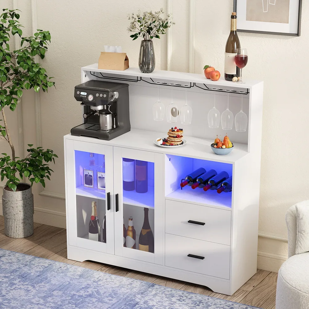 Бюфет с отворени отделения, контакти и LED осветление, 120 × 40 × 115,5 см, бял, снимка 8