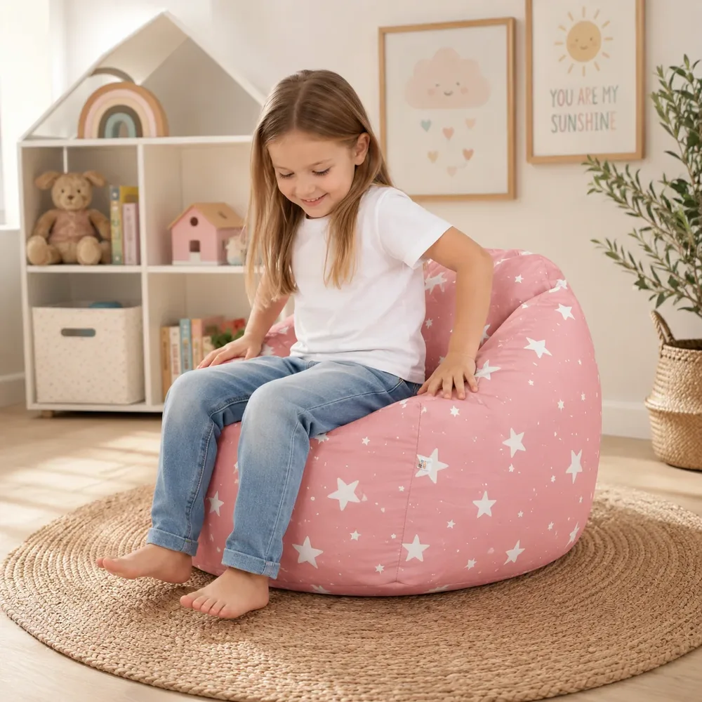 Детски пуф кресло Little Stars, 100% памук, розов барбарон със звезди, 55x44x55 см, снимка 6