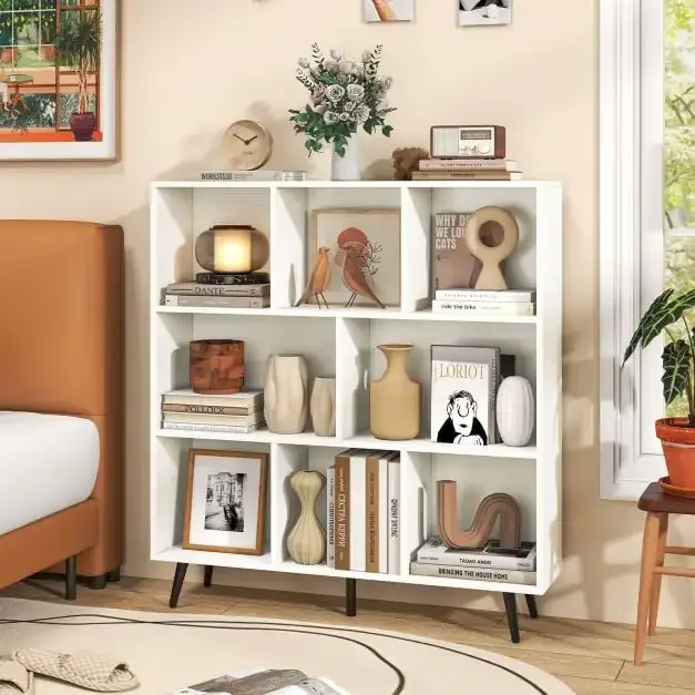 Етажерка с 8 кубични отделения и 5 конусовидни метални крака, 100 × 24 × 107 см, бяла, снимка 3