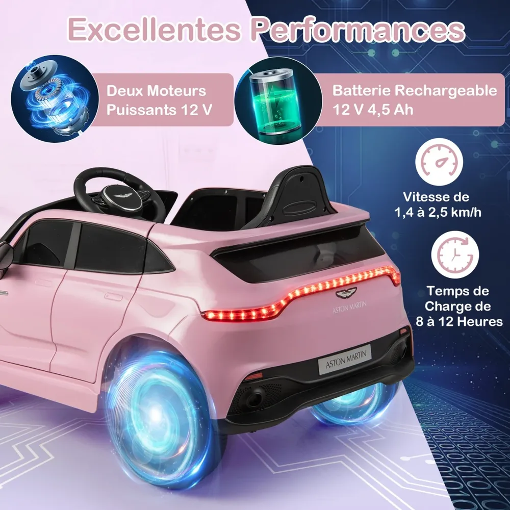 Детска електрическа кола Aston Martin 12V с дистанционно, музика и LED светлини, розова, снимка 6