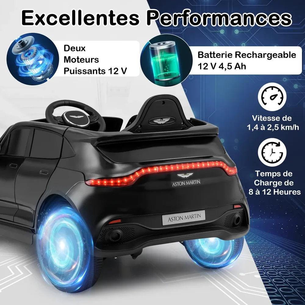 Детска електрическа кола Aston Martin 12 V с дистанционно, музика и LED светлини, черна, снимка 8
