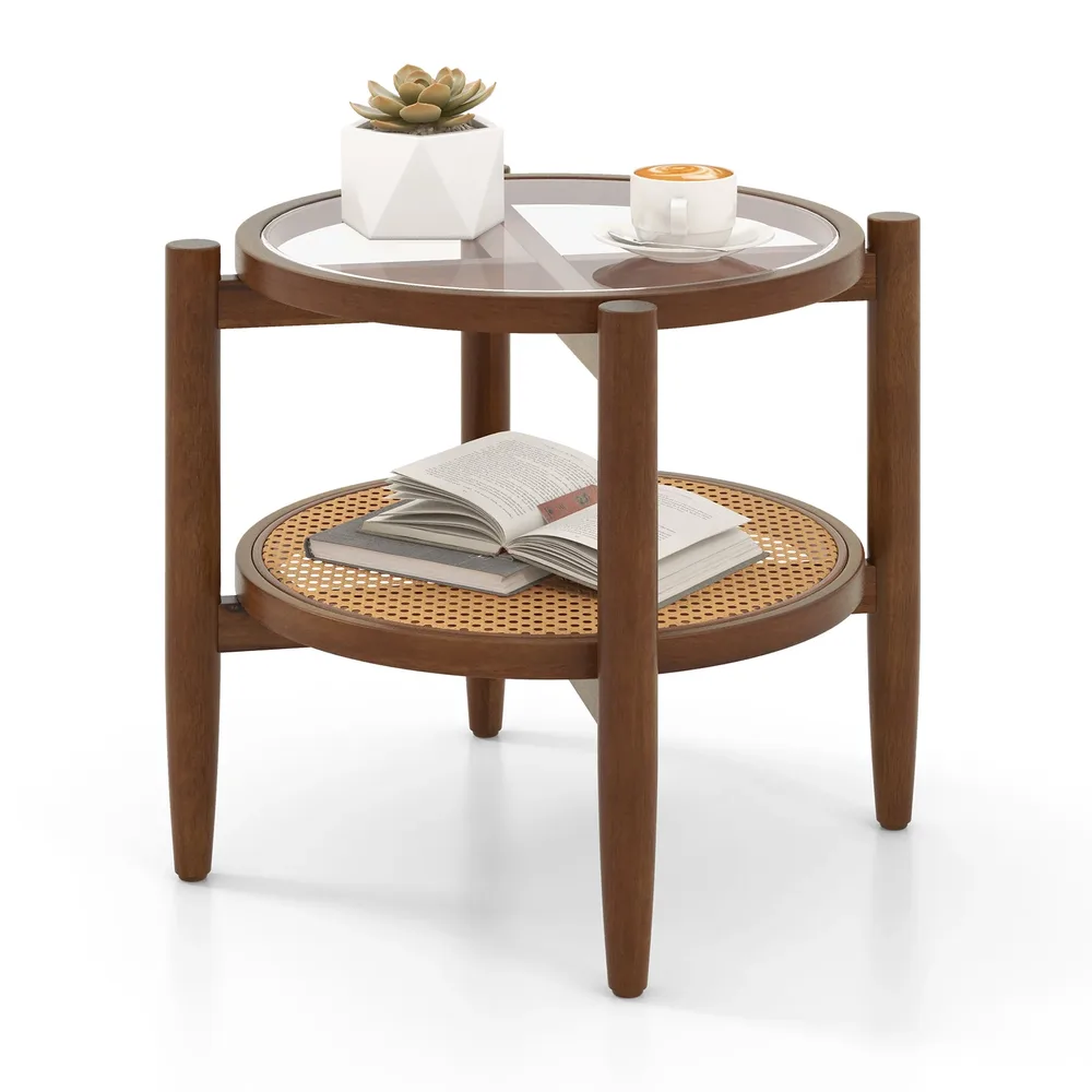 Кръгла помощна маса със стъклен плот, ратанов рафт и крака от акация, кафява