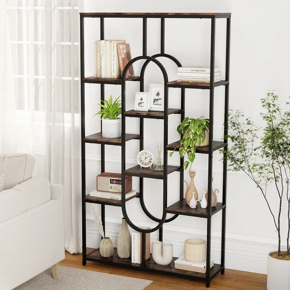 Индустриална овална етажерка с 5 открити рафта, 95 × 30 × 175 см, кафява