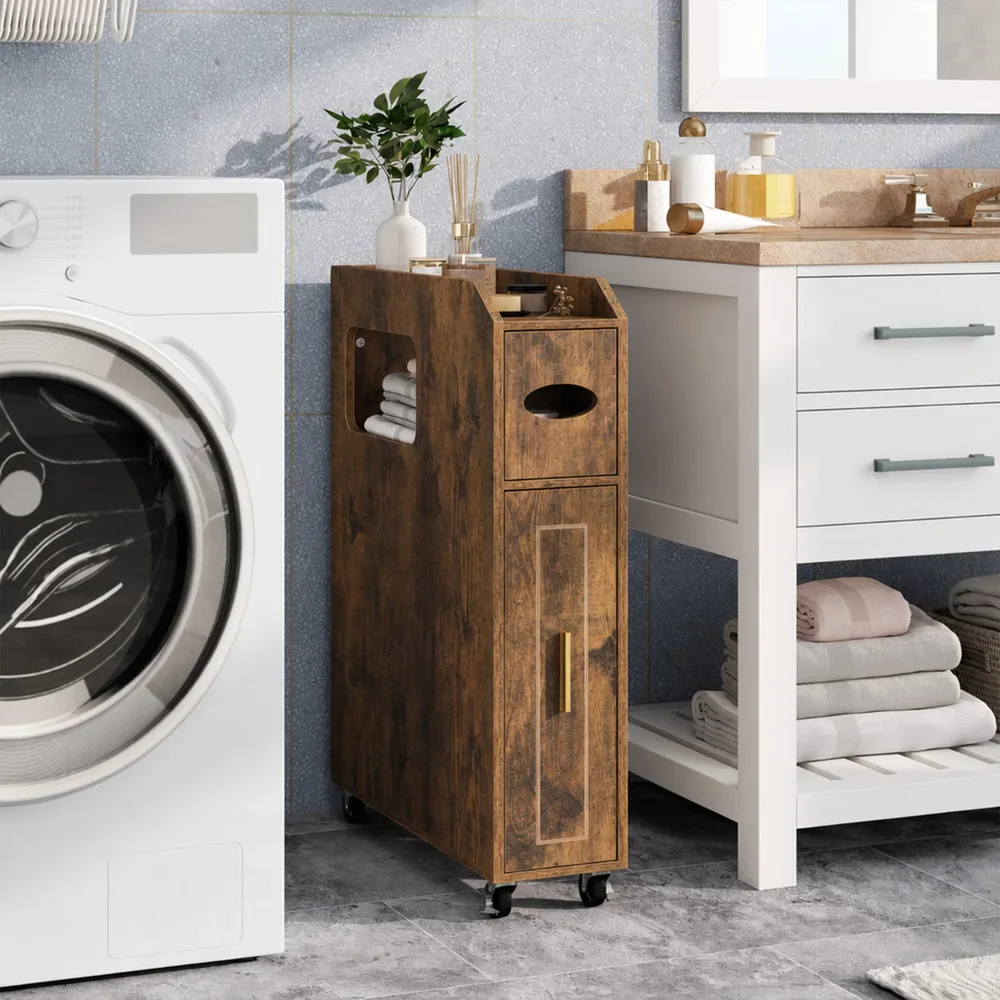 Тесен шкаф за баня 16 см с чекмедже и колелца, кафяв, снимка 5