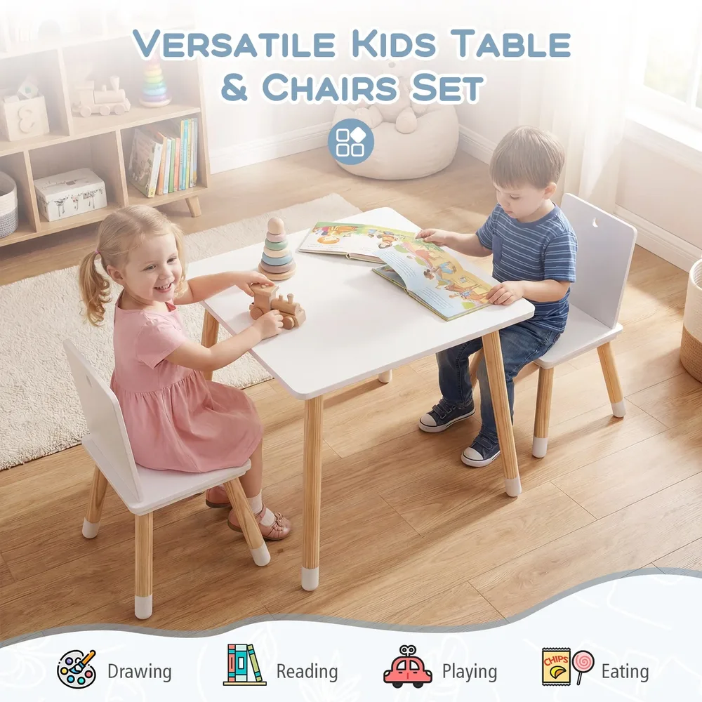 Детски комплект маса с 2 стола с крака от бор, бял, снимка 2