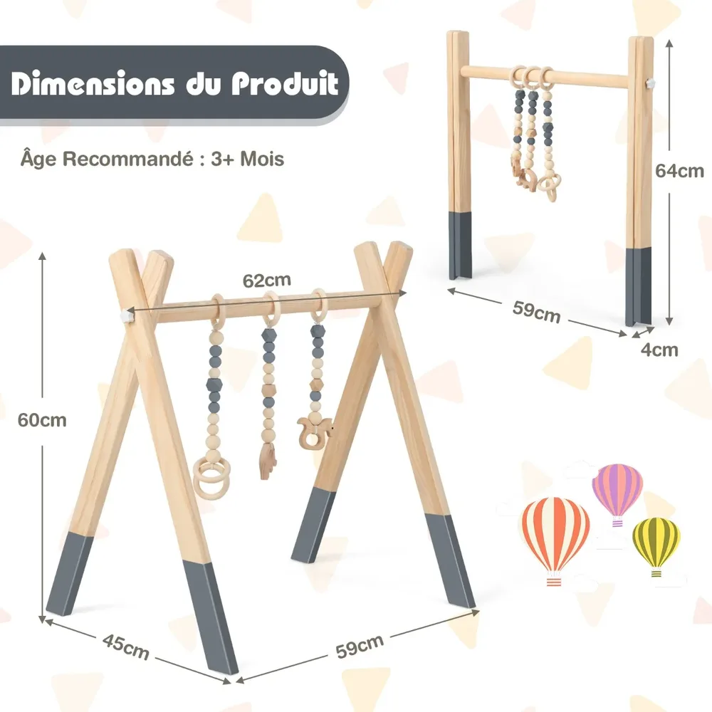 Триъгълен дървен център за игра за бебета от 3 месеца с 3 висящи играчки, сив, снимка 6