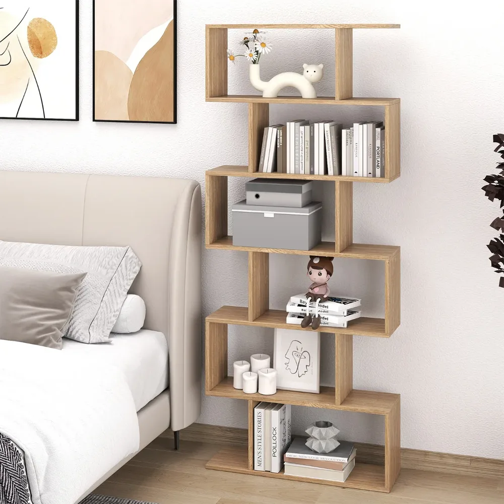 S-образна етажерка за книги с 6 отделения и защита от преобръщане, 80 × 23 × 191 см, натурална, снимка 6