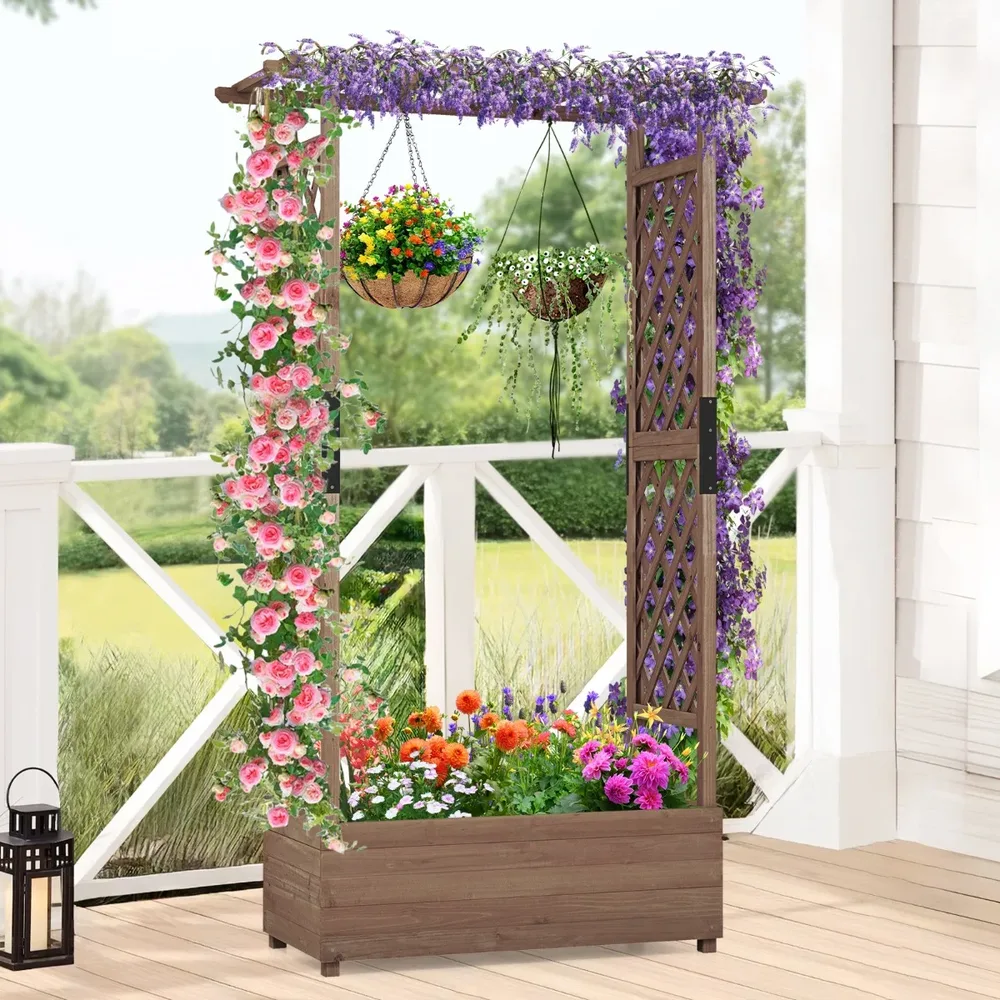 Дървена леха с 2 странични решетки и висящ покрив, 110 × 44 × 182 см, кафява, снимка 7