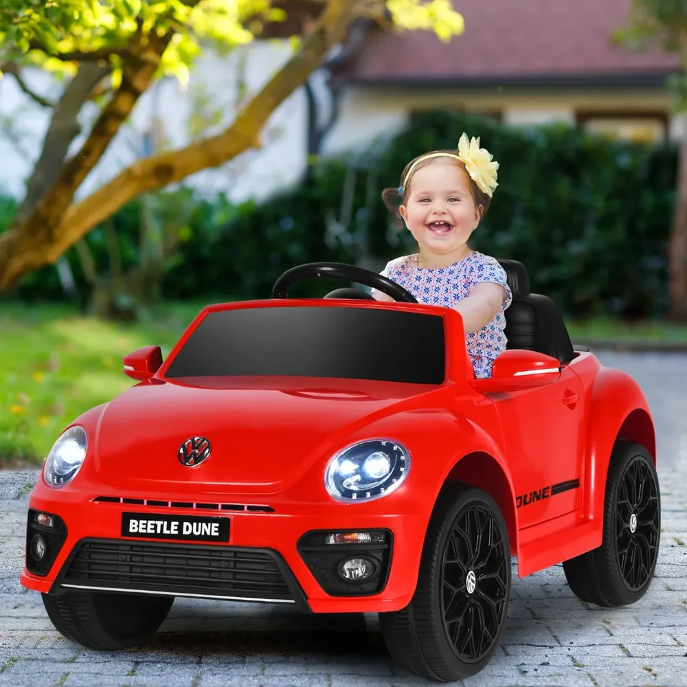 Детска електрическа кола VW Beetle с музика, 2 режима на светлини и дистанционно, червена