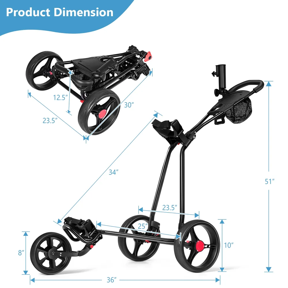 Сгъваема стоманена количка за голф с 3 колела и мрежеста чанта, снимка 5