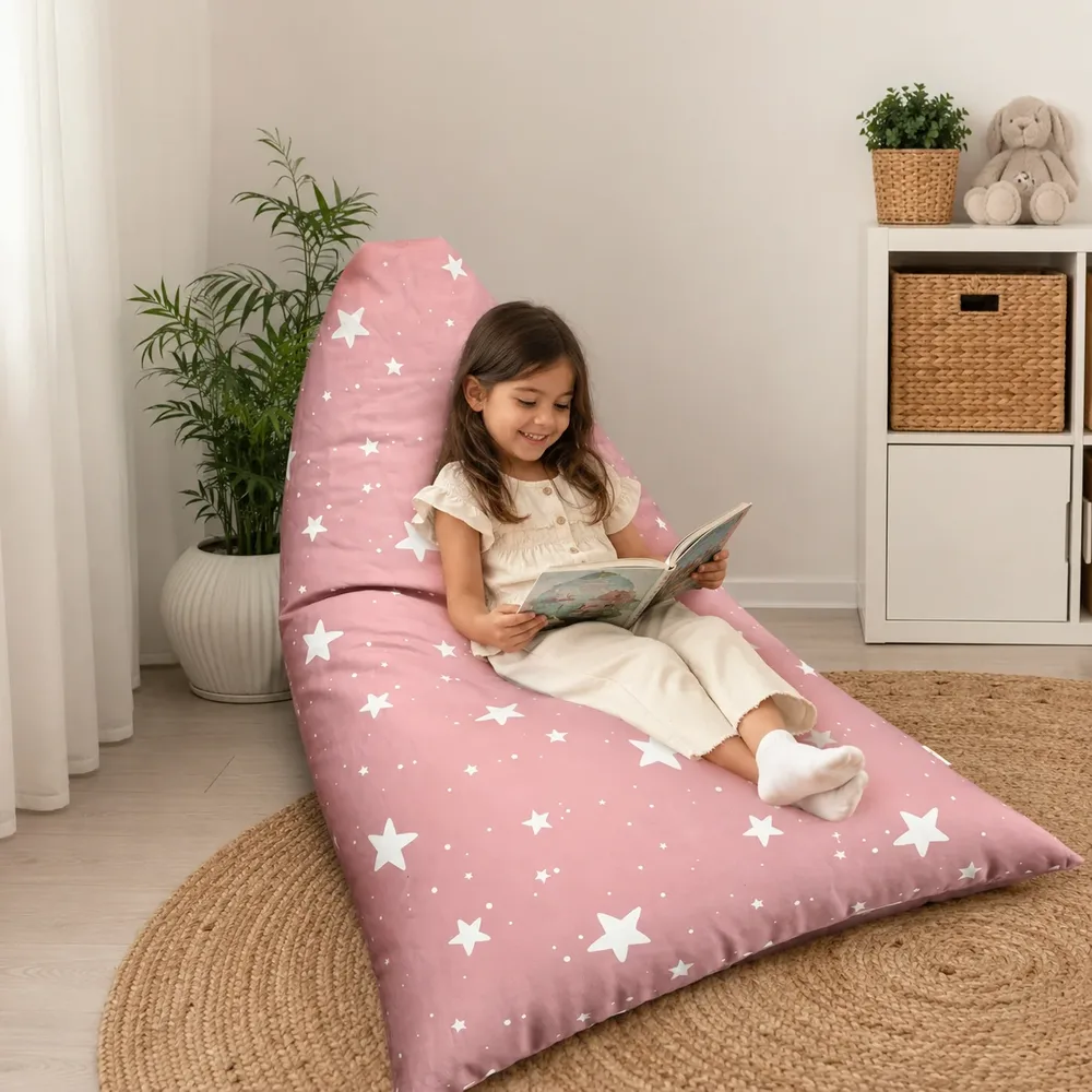 Детски пуф лежанка Little Stars, 100% памук, розов барбарон със звезди, 127x81x76 см, снимка 5