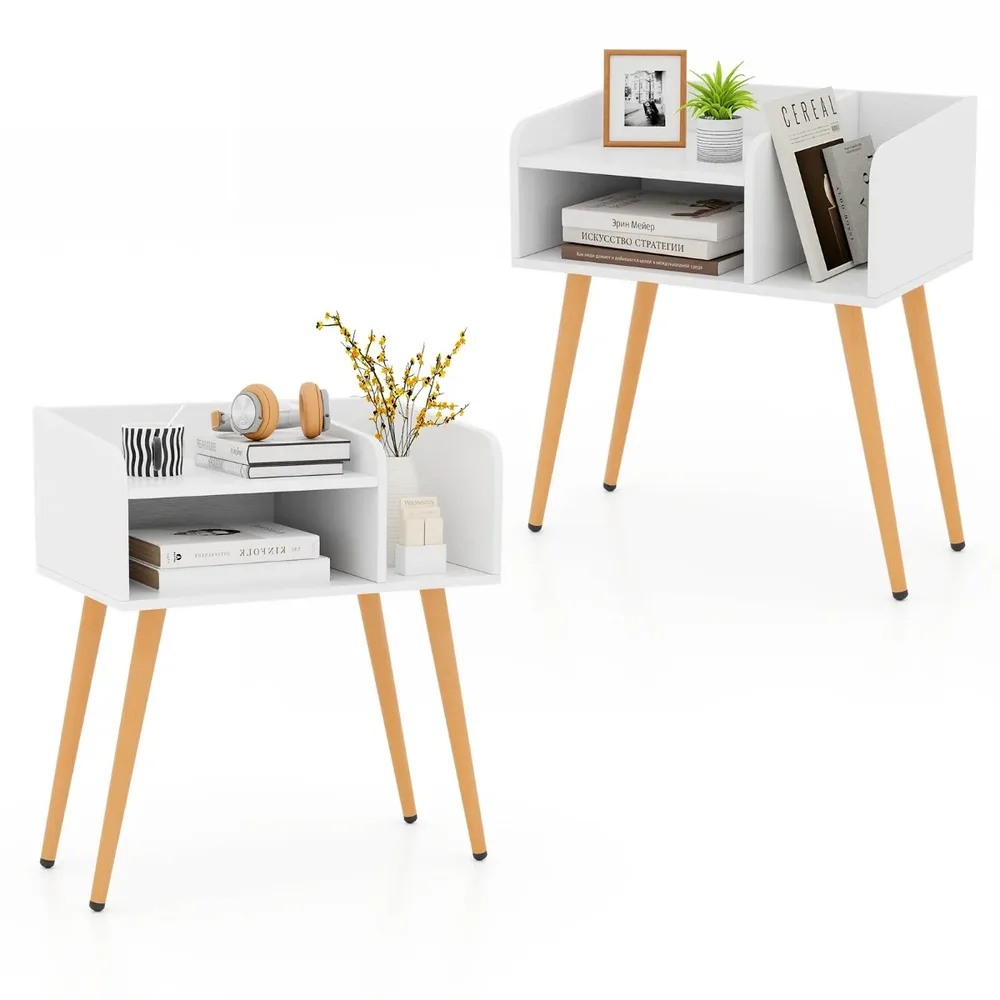 Комплект от 2 нощни шкафчета на 2 нива в стил mid-century, бели