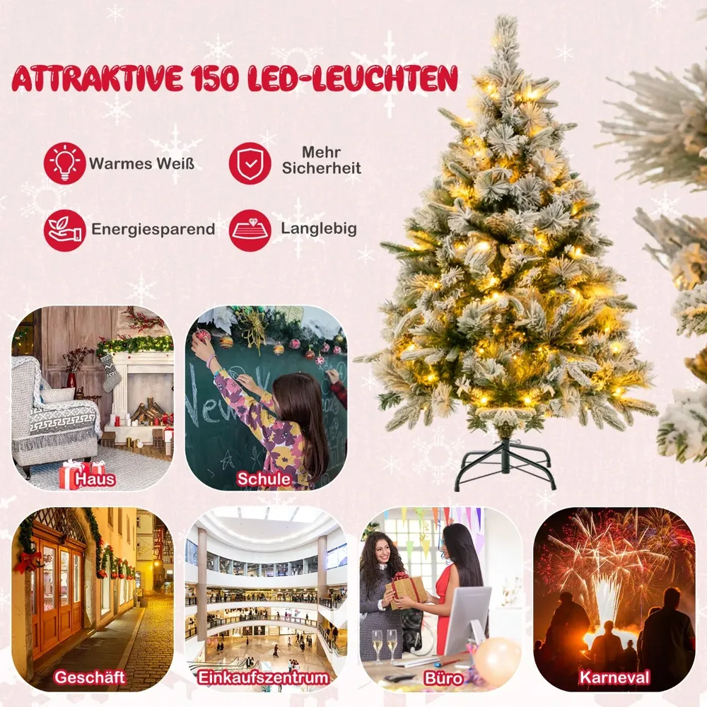 Изкуствена заснежена елха със 150 топли LED светлини, 136 см, снимка 4