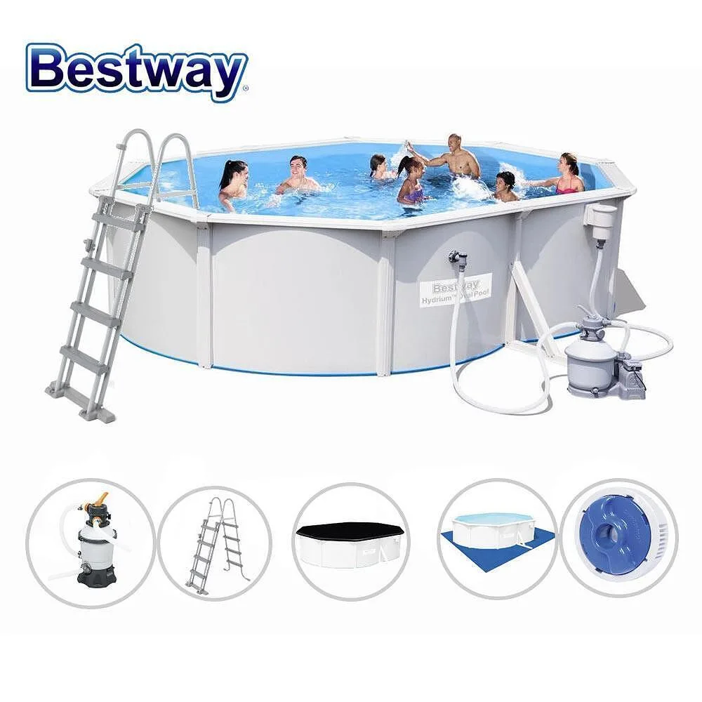 Басейн с твърди страници и конструкция, овален, 500 × 360 × 120 см, Bestway 56586 Hydrium, с филтър, стълба, подложка, покривало и диспенсър