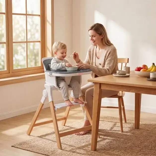 Столче за хранене 4 в 1 със сгъваема конструкция и свалящ се регулируем поднос, сиво, снимка 2